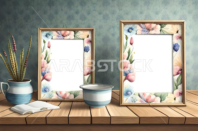 صورة مقربة لاطارات فارغه بتصميمات ابداعيه على طاولة خشبية ، براويز مزينة بالازهار ، قوالب تصميم فارغة ، خلفيات مزينة  .