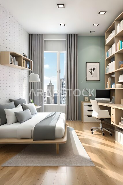 Cute children's room with house shaped shelves and crib, Interio