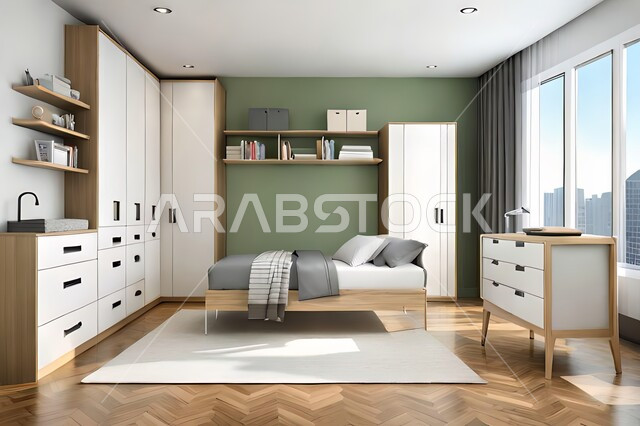Cute children's room with house shaped shelves and crib, Interio