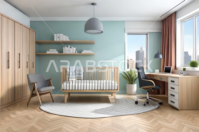 Cute children's room with house shaped shelves and crib, Interio