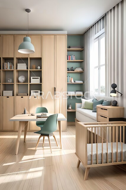 Cute children's room with house shaped shelves and crib, Interio