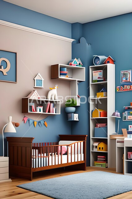 Cute children's room with house shaped shelves and crib, Interio