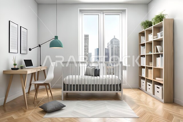 Cute children's room with house shaped shelves and crib, Interio