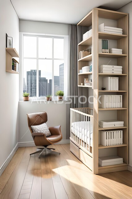 Cute children's room with house shaped shelves and crib, Interio