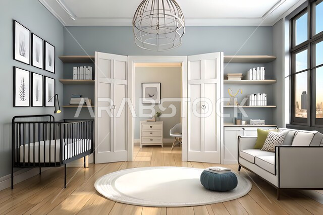 Cute children's room with house shaped shelves and crib, Interio