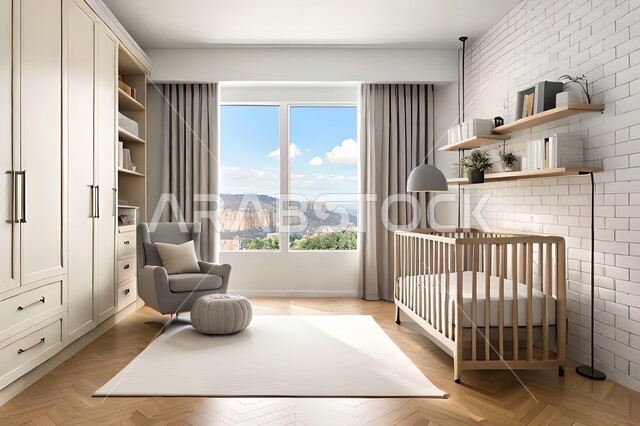 Cute children's room with house shaped shelves and crib, Interio