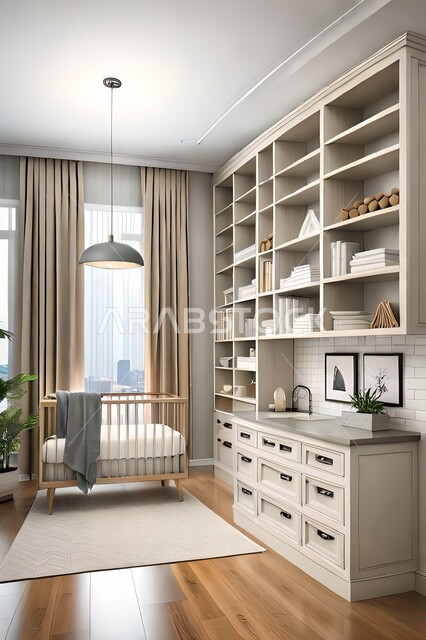 Cute children's room with house shaped shelves and crib, Interio