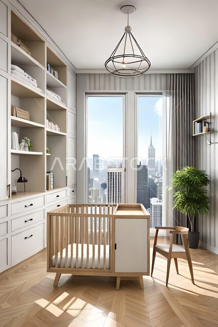 Cute children's room with house shaped shelves and crib, Interio