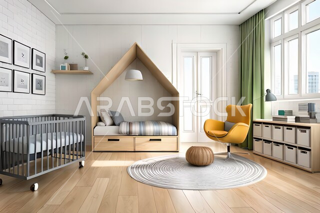 Cute children's room with house shaped shelves and crib, Interio