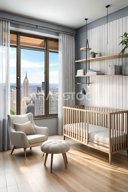 Cute children's room with house shaped shelves and crib, Interio