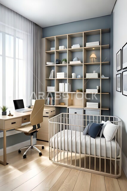 Cute children's room with house shaped shelves and crib, Interio