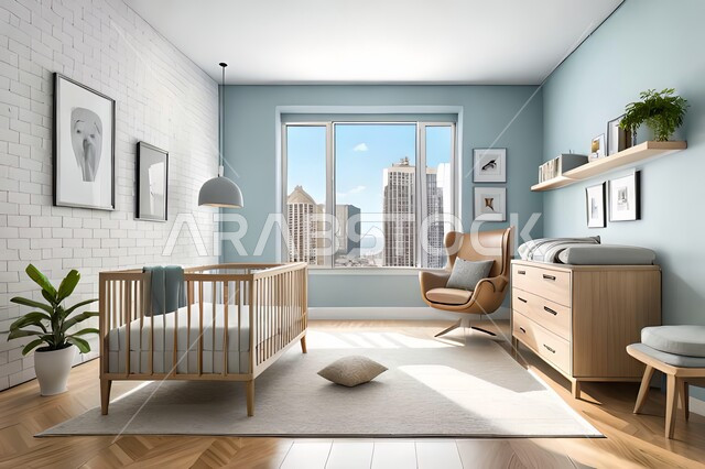 Cute children's room with house shaped shelves and crib, Interio