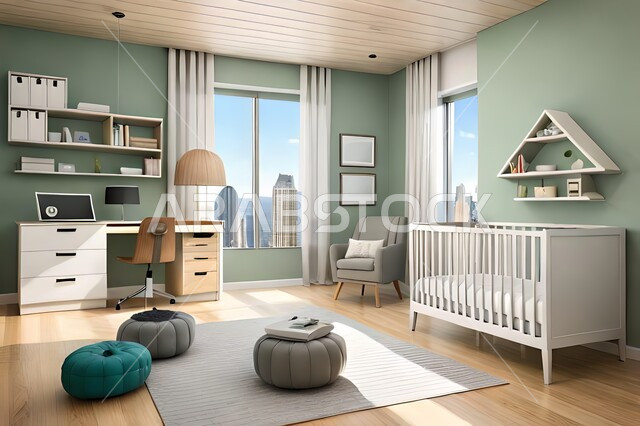 Cute children's room with house shaped shelves and crib, Interio