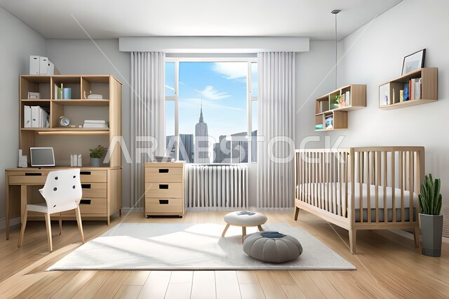 Cute children's room with house shaped shelves and crib, Interio