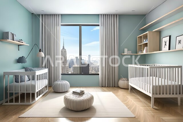 Cute children's room with house shaped shelves and crib, Interio
