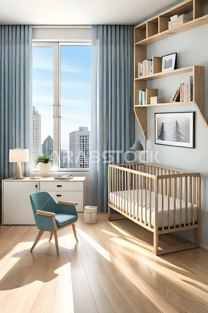 Cute children's room with house shaped shelves and crib, Interio