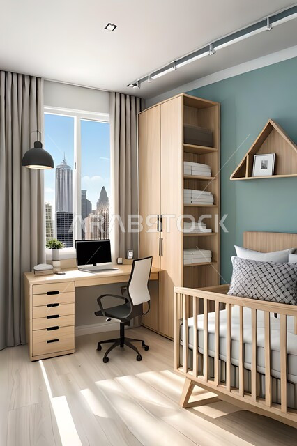 Cute children's room with house shaped shelves and crib, Interio