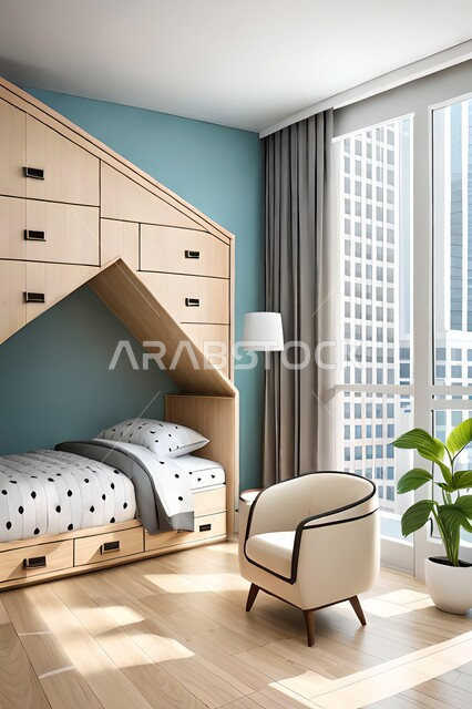 Cute children's room with house shaped shelves and crib, Interio