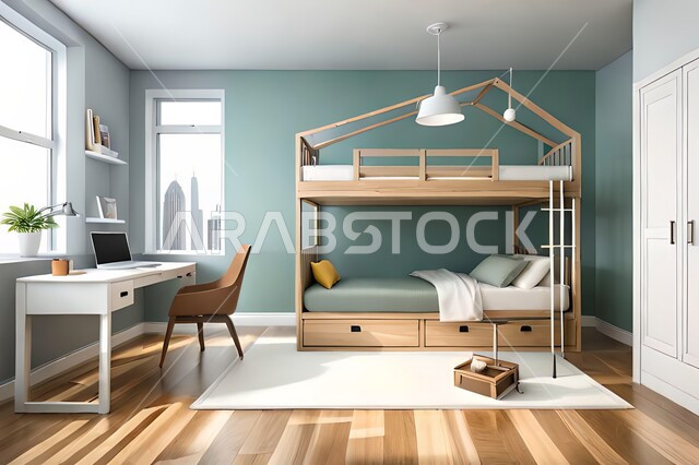 Cute children's room with house shaped shelves and crib, Interio