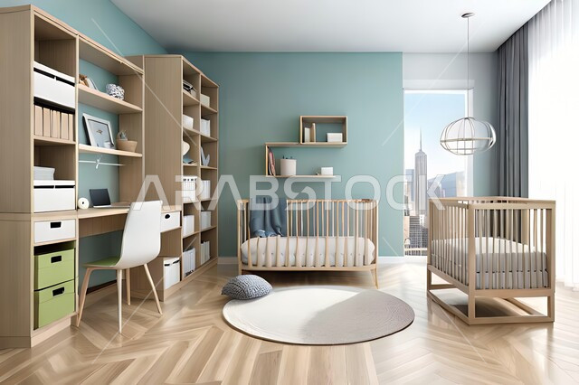 Cute children's room with house shaped shelves and crib, Interio