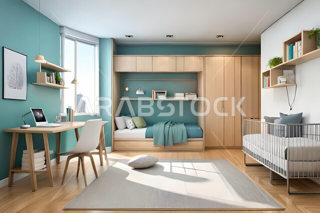 Cute children's room with house shaped shelves and crib, Interio