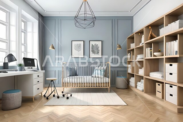 Cute children's room with house shaped shelves and crib, Interio