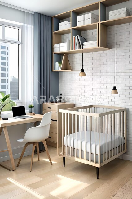 Cute children's room with house shaped shelves and crib, Interio