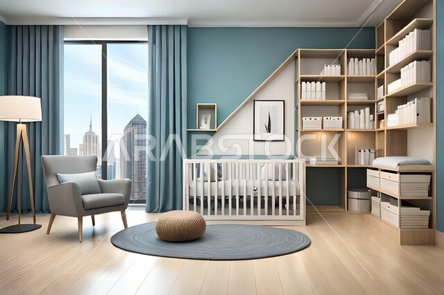 Cute children's room with house shaped shelves and crib, Interio