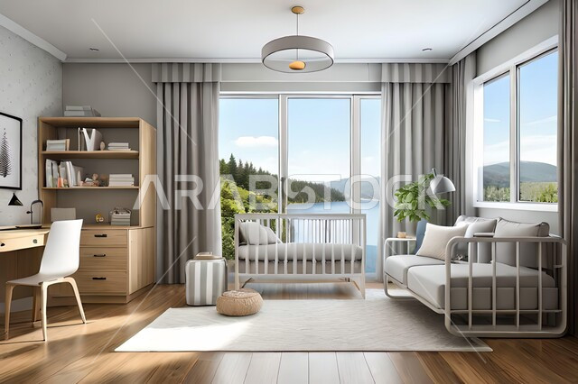 Cute children's room with house shaped shelves and crib, Interio