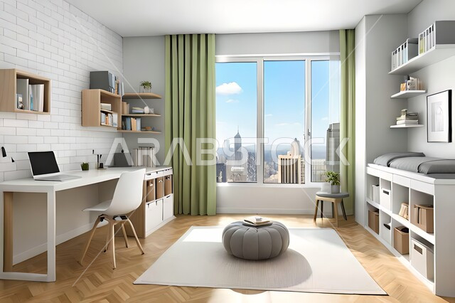 Cute children's room with house shaped shelves and crib, Interio