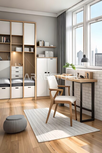 Cute children's room with house shaped shelves and crib, Interio