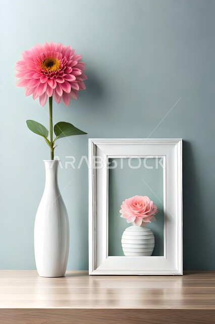 صورة مقربة لمزهرية بجانبها لوحة خشبية ، ورود وأزهار الزينة ، ديكورات ، تحف وديكورات ، اكسسوارات،  ديكور داخلي ، نباتات زينه