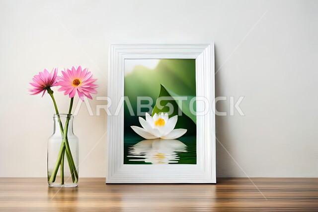 صورة مقربة لمزهرية بجانبها لوحة خشبية ، ورود وأزهار الزينة ، ديكورات ، تحف وديكورات ، اكسسوارات،  ديكور داخلي ، نباتات زينه