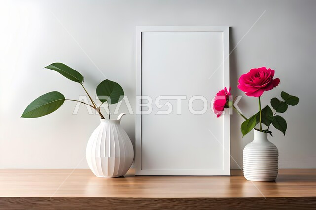 صورة مقربة لمزهرية بجانبها لوحة خشبية ، ورود وأزهار الزينة ، ديكورات ، تحف وديكورات ، اكسسوارات،  ديكور داخلي ، نباتات زينه