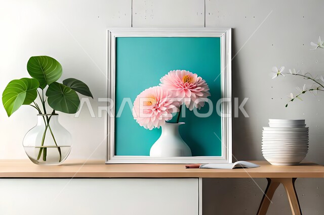 صورة مقربة لمزهرية بجانبها لوحة خشبية ، ورود وأزهار الزينة ، ديكورات ، تحف وديكورات ، اكسسوارات،  ديكور داخلي ، نباتات اصطناعية