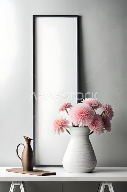 صورة مقربة لمزهرية بجانبها لوحة خشبية ، ورود وأزهار الزينة ، ديكورات ، تحف وديكورات ، اكسسوارات،  ديكور داخلي ، نباتات اصطناعية