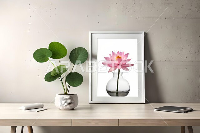 صورة لمزهرية بجانبها لوحة خشبية ، ورود وأزهار الزينة ، ديكورات ، تحف وديكورات ، اكسسوارات،  ديكور داخلي ، نباتات اصطناعية