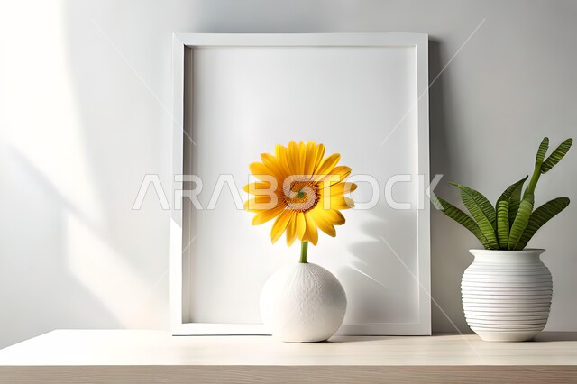 صورة لمزهرية بجانبها لوحة خشبية ، ورود وأزهار الزينة ، ديكورات ، تحف وديكورات ، اكسسوارات،  ديكور داخلي ، نباتات اصطناعية