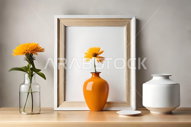 صورة لمزهرية بجانبها لوحة خشبية ، ورود وأزهار الزينة ، ديكورات ، تحف وديكورات ، اكسسوارات،  ديكور داخلي ، نباتات اصطناعية ، نباتات زينة