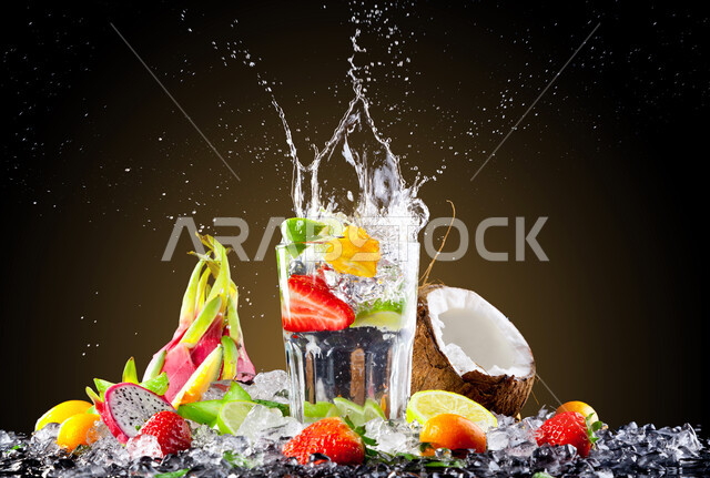 الفاكهة الطازجة في كوب الماء الشفاف دفقة واقعية, حبات من الفواكه الطازجة المتنوعة, قطع من المثلجات, خلفية سوداء  .