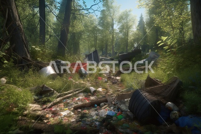 صوره مقربه لنفايات بلاستيكية في الغابة ، إيذاء الأشجار , تلويث الهواء ، أسطوانات معدنيه ، ضرر الطبيعة والأشجار