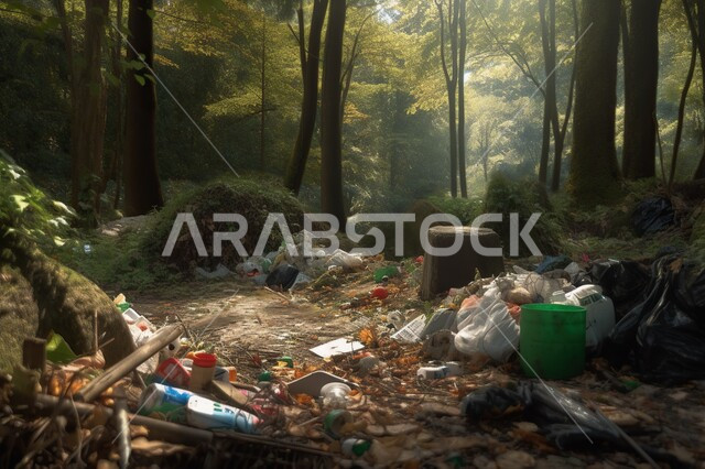صوره مقربه لنفايات بلاستيكية في الغابة ،  ضرر طبيعي , إيذاء الأشجار , تلويث الهواء ، أسطوانات معدنيه ، ضرر الطبيعة والأشجار