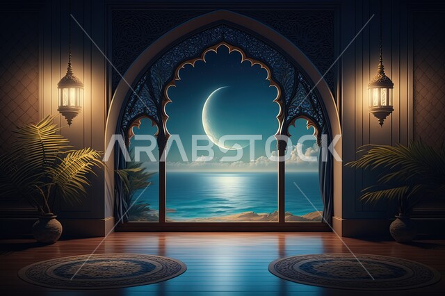 نوافذ في غرفه مطله على مناظر طبيعيه, منظر السماء في الليل ، منظر القمر في السماء ، منظر الفضاء الخارجي ، منظر النجوم