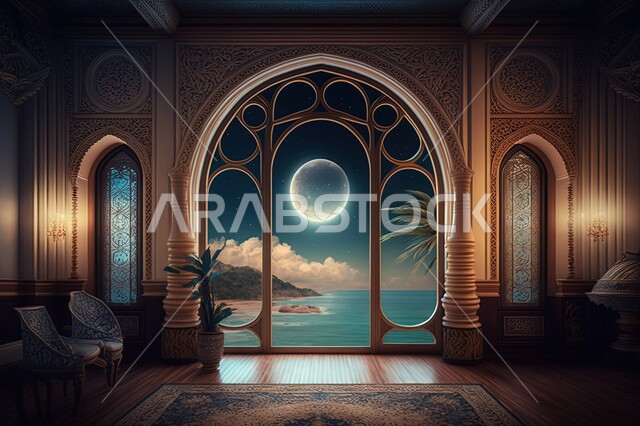 نوافذ في غرفه مطله على مناظر طبيعيه, منظر السماء في الليل ، منظر القمر في السماء ، منظر الفضاء الخارجي ، مناظر طبيعية