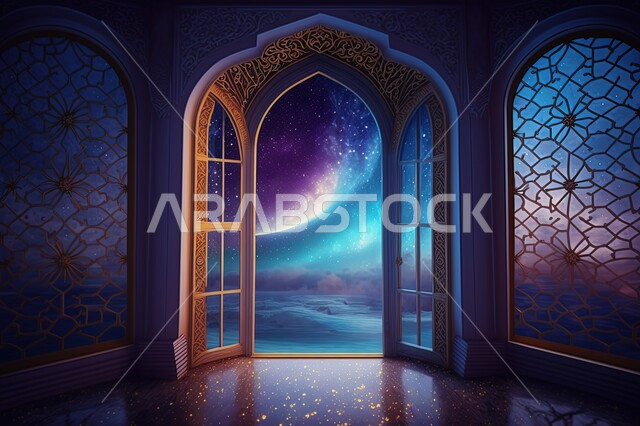 Windows in a room overlooking landscapes, view of the sky at night, view of the moon in the sky, view of outer space, natural scenery