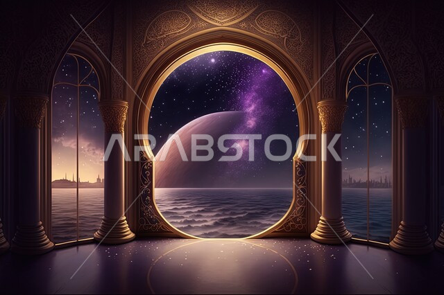 نوافذ في غرفه مطله على مناظر طبيعيه, منظر السماء في الليل ، منظر القمر في السماء ، منظر الفضاء الخارجي ، منظر النجوم