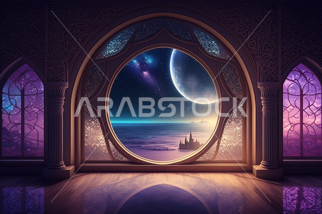 نوافذ في غرفه مطله على مناظر طبيعيه, منظر السماء في الليل ، منظر القمر في السماء ، منظر الفضاء الخارجي ، منظر النجوم