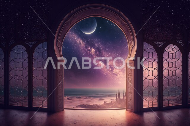 نوافذ في غرفه مطله على مناظر طبيعيه, منظر السماء في الليل ، منظر القمر في السماء ، منظر الفضاء الخارجي ، منظر النجوم