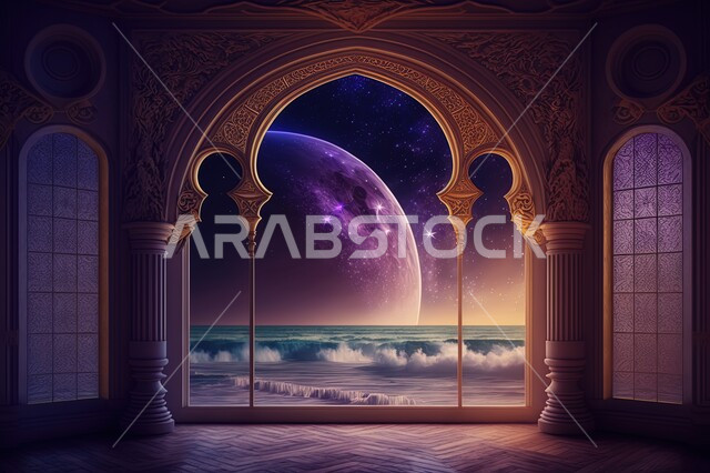 نوافذ في غرفه مطله على مناظر طبيعيه, منظر السماء في الليل ، منظر القمر في السماء ، منظر الفضاء الخارجي ، منظر النجوم ، مناظر طبيعية