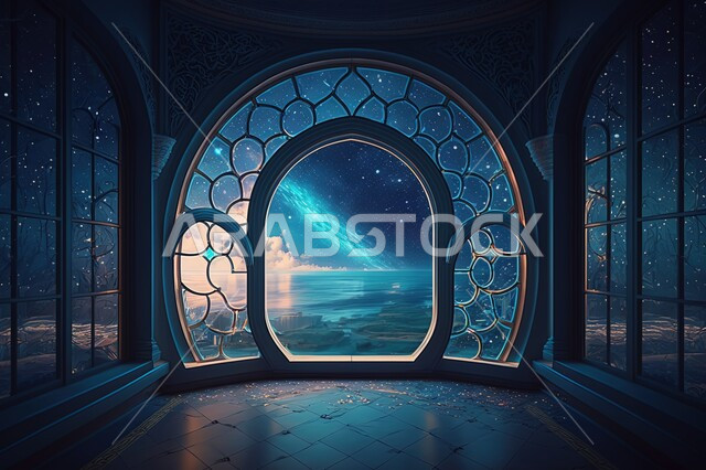 نوافذ مطلة على منظر القمر في السماء ،  النجوم المتلالئه في السماء ،منظر السماء في الليل ، مناظر طبيعية